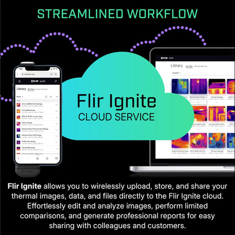 Edge Pro Wireless Bluetooth Thermal Imaging Camera for Smartphones displayed on smartphone and laptop screen with Flir Ignite Cloud Service