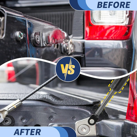 Comparison of Heavy Duty Tailgate Assist Kit Smooth Operator Drop Liftgate Support Strut for Toyota Tacoma N300 before and after installation.