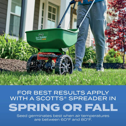 Kickstart Your Dream Yard With This Sun And Shade Grass Seed Mix That Delivers Serious Fertilizer Power To Grow Thick Turf Fast Across Any Spot being applied with a Scotts® spreader in a green lawn.
