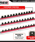 15.5 Inch Red Twist Lock Magnetic Socket Rail Set For Toolbox Organization, Holds 36 Sockets with gliding clips and magnetic base