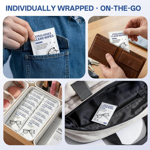 Lens wipes for eyeglasses and screens, 200-count, individually wrapped, pre-moistened, streak-free.