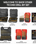 Various titanium coated drill bit sets including hex shank and 135° tip for steel, aluminum, copper, and soft alloys.