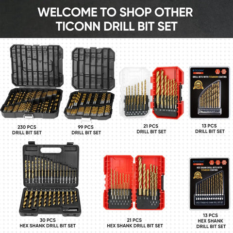Various titanium coated drill bit sets including hex shank and 135° tip for steel, aluminum, copper, and soft alloys.