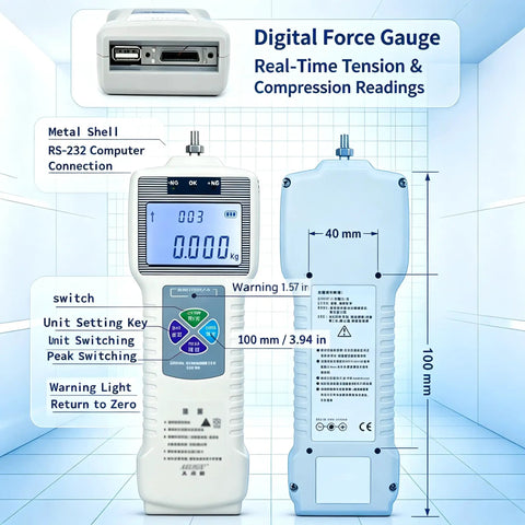Digital Force Gauge for Wheel Operated Push Pull Force Gauge Test Stand with real-time tension and compression readings.