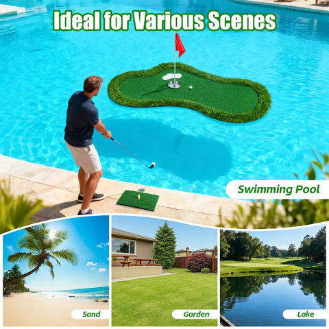 Person playing with Poolside Floating Golf Green For Pool And Lake Play with Ball Retriever, shown by pool, garden, beach, and lake.