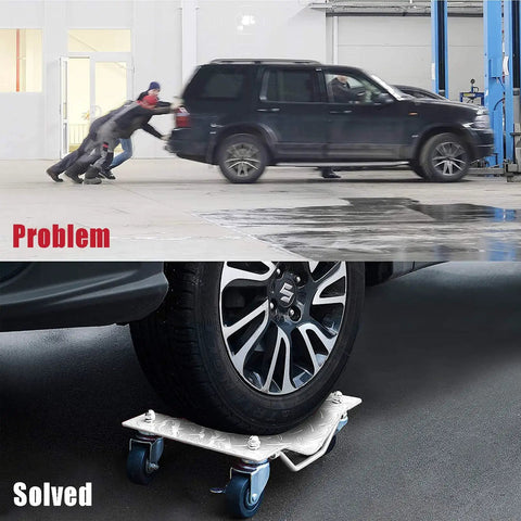 Two Pack Heavy Duty Car Tire Rollers, 3000 Lb Wheel Dolly Set under a vehicle tire for easy movement in garage.