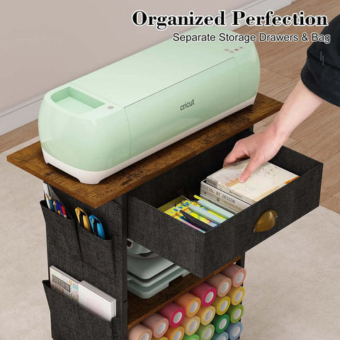 Mobile Craft Cart Organizer With Wheels For Cutting Tools Machines Vinyl Rolls And Heat Press Stand showing storage drawers