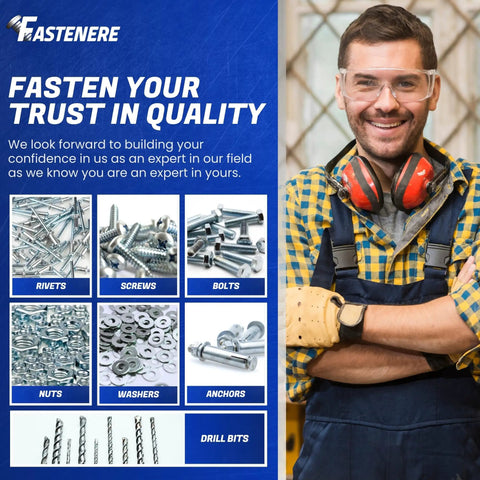 Image of a man in safety gear with various fasteners like rivets, screws, and bolts highlighting quality assurance.