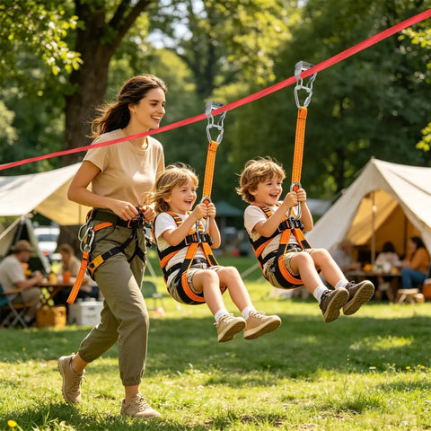Kids on zip line in backyard with adult supervising, part of Kids Zip Line With Tree Protector For Backyard Fun Safe 250 Lbs Capacity Tool Free Assembly Outdoor Slack Line Play Set For Teens Boys And Girls Perfect For Yard Park Beach Camp School.