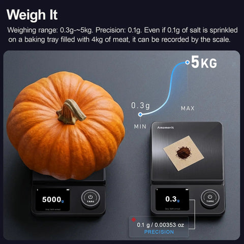 Smart Food Kitchen Scale With Nutritional Calculator And Timer, 0.1g Precision, weighing pumpkin and cocoa powder