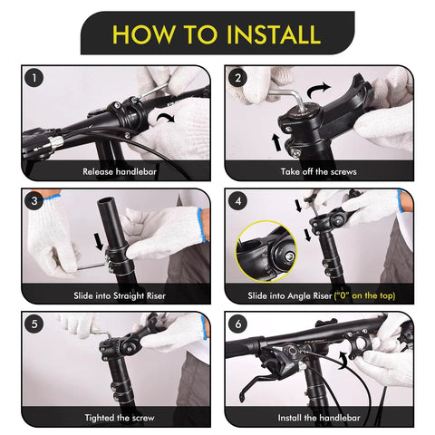 Step-by-step installation guide for 110mm Adjustable Bike Stem Riser for 31.8mm Handlebars, showing release, assembly, and tightening steps.