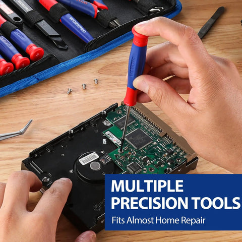 Solid 33 Piece Precision Repair Tool Kit With Screwdrivers Pliers Tweezers Utility Knife Blades For Phones Laptops Consoles No Sweat Repairs Hella Versatile Everyday Carry Gear, using a screwdriver on a hard drive.
