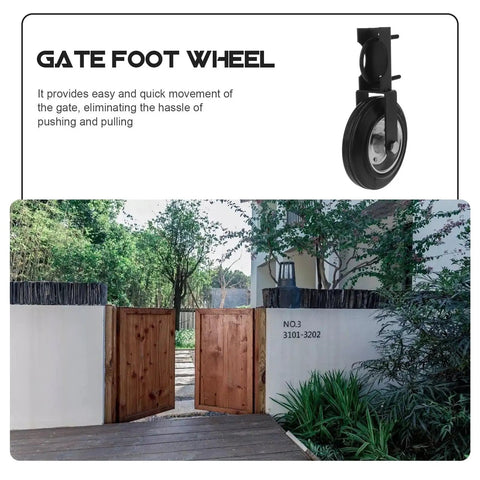 Professional Grade Heavy Duty Gate Foot Wheel Giving Rugged 500 Pound Support For Smooth Farm Gate Rolling mounted on a wooden gate.