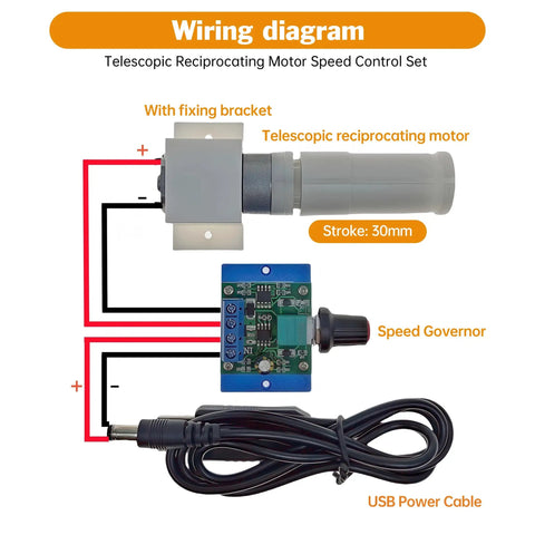 Wiring diagram of Legit Strong 5V 30mm Stroke Mini Reciprocating Linear Actuator with speed control and USB power cable.