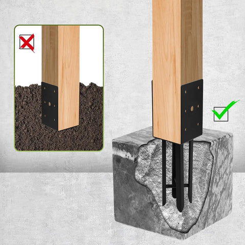 Heavy Duty U Shaped Fence Post Anchor Ground Spike 4 x 4 In Concrete Base correctly installed with wood post in concrete.