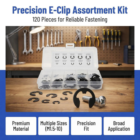 120 Piece External E Clip Retaining Ring Set M1 5 To 10mm Beryllium Bronze Open Design Circlips in organizer box on a workbench.
