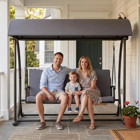 Family sitting on Modern Outdoor Patio Swing With Adjustable Canopy, 2 In 1 Porch Swing Bed With Removable Cushion, Gray