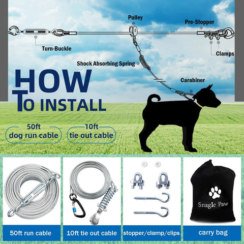 Heavy Duty Dog Tether Zipline Trolley Rig With 50 Foot Vinyl Covered Cable And 10 Foot Smooth Ride Pulley installation guide diagram.