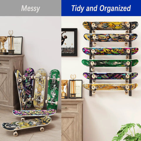 Get Your Shred Stacks Right With This Rad 6 Tier Skateboard Wall Mount Rack Cuts The Clutter By Keeping Boards Off The Floor Holds Up To Six Decks With Secure Install, before and after organization.