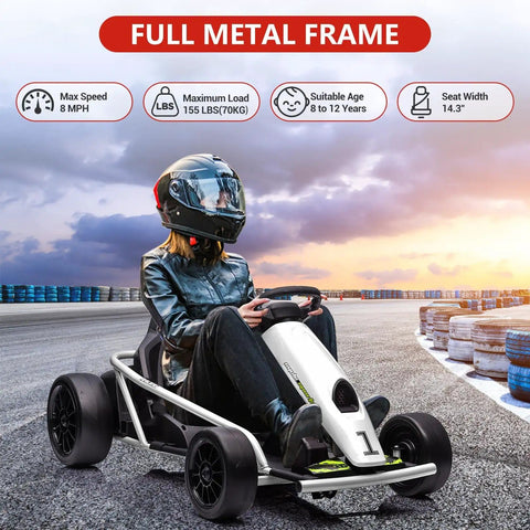 Person riding 24V Kids Electric Go Kart With Dual 250W Motors And 9Ah Battery, 8 MPH Drifting Ride On Toy, Kid Friendly, White