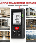 Solid Workhorse Laser Distance Meter With Zero Sweat Measurements Up To Three Twenty Eight Feet And Hella Accurate Plus Two Mm Precision, handheld tool displayed with measurement scenarios.