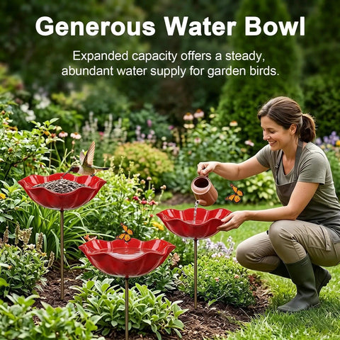 Woman filling Metal Flower Garden Stake Bird Bath Waterer For Outdoor Yards Pollinator Station in garden