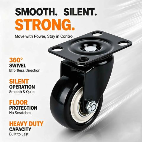 Built Tough Heavy Duty Two Inch Swivel Caster Wheel Sets Gliding On Sealed Double Ball Bearings for 360° Swivel operation.