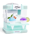 Retro Tabletop Snow Cone Machine With Two Reusable Cups And Sturdy Scoop creating blue and purple fluffy ice treats.