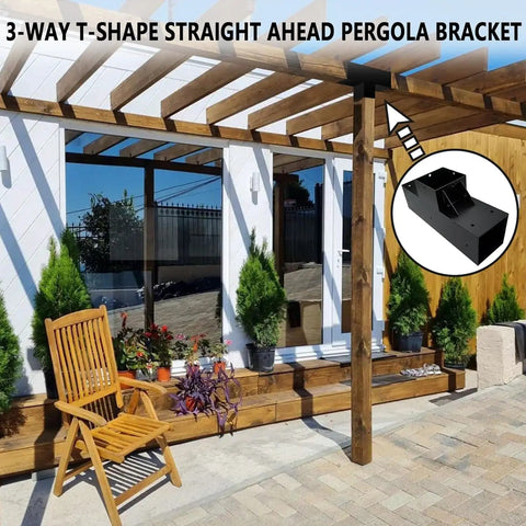 3 Way Pergola Bracket Kit For 3.5 By 3.5 Inch Beams, Heavy Duty Steel T Shaped Brackets And Post Anchors, Powder Coated Metal Gazebo Kit For Outdoor Patio Pergola, Fits 4x4 Posts, Hardware Included, 4 Pack
