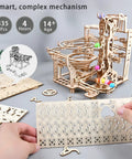 Mechanical Marble Run Puzzle Kit With Chain Hoist 335 Pieces And 8 Marbles A DIY Wood Model Building Kit For Adults And Teens