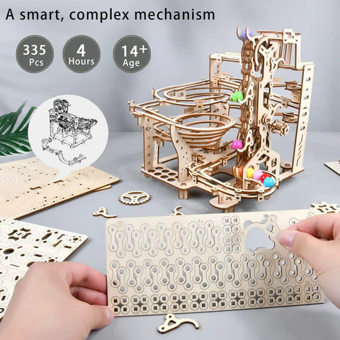 Mechanical Marble Run Puzzle Kit With Chain Hoist 335 Pieces And 8 Marbles A DIY Wood Model Building Kit For Adults And Teens