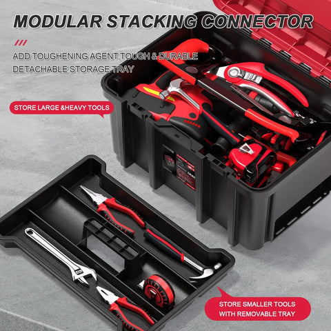 3 In 1 Rolling Tool Box On Wheels With Stackable Modular Organizer System 17 Inch Portable Waterproof Toolbox open with tools visible
