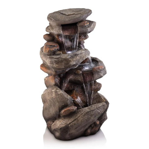 40-Inch Four Tier Rock Floor Fountain With Cascading Water And White LED Lights, A Chill Outdoor Water Feature For Your Garden, Patio, Yard Or Deck At Home. Image shows a realistic gray stone fountain with water flowing over four tiers.
