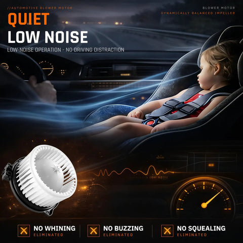 Heavy Duty Front Blower Motor Get Your Cabin Climate Back On Track With Knockout Heating Cooling Power And Slick Ventilation Flow For Subaru Impreza Crosstrek Forester in a quiet car setting, emphasizing low noise operation.