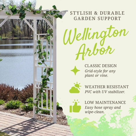 Vinyl Garden Archway For Outdoors, 72 By 85 Inches, White With Lattice Design And Trellis Sides near a lake.