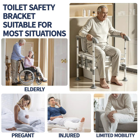 Rock Solid Toilet Safety Rails For Seniors With Heavy Duty 500 Lbs Capacity And No Sweat Drill Free Setup For Easy Bathroom Assist And Senior Trusted Elderly Support Frames used by elderly man sitting safely with support.