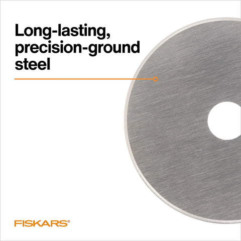 Close-up of 45mm Rotary Cutter Replacement Blades 5 Pack Ultra Sharp Precision Knives For Fabric Vinyl And Paper With Non Stick Coating.