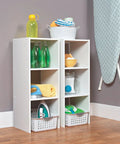 Stackable Vertical Cube Organizer In White, Heavy-Duty Freestanding Shelf With Open Back in a laundry room setting