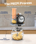 Five In One Food Prep And Storage Bowl System With Crinkle Slicing Shredding Functions on kitchen counter with potato and chips.