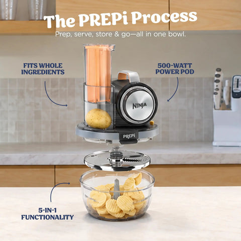 Five In One Food Prep And Storage Bowl System With Crinkle Slicing Shredding Functions on kitchen counter with potato and chips.