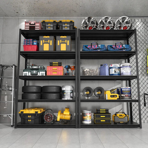 Heavy Duty 72 Inch 5 Tier Metal Storage Shelves Built Like A Tank Adjustable Garage Shelving Setup For Heavy Lifting And Big Gear Industrial Utility Rack Black Gray displaying tools and tires.