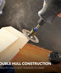 All Purpose Corded Variable Speed Rotary Tool Kit With 6 Speeds in use for precise wood carving; shown cutting a wooden block.