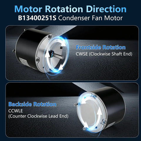 Solid Condenser Fan Motor 1/6 Horsepower 208 To 230 Volt 1075 Rpm showing rotation directions CWSE and CCWLE.