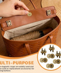 Hella Secure 50 Pack Silver Tone Magnet Closures replace Velcro on handbags, showcasing practical magnet snaps in a brown tote.
