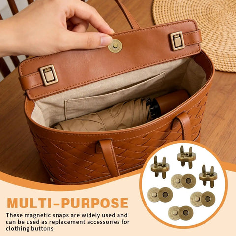 Hella Secure 50 Pack Silver Tone Magnet Closures replace Velcro on handbags, showcasing practical magnet snaps in a brown tote.
