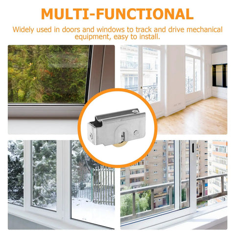 Heavy Duty Sliding Door Roller Replacement Kit With Double Bearings For Whisper Quiet Wardrobe And Patio glides shown in use on windows.