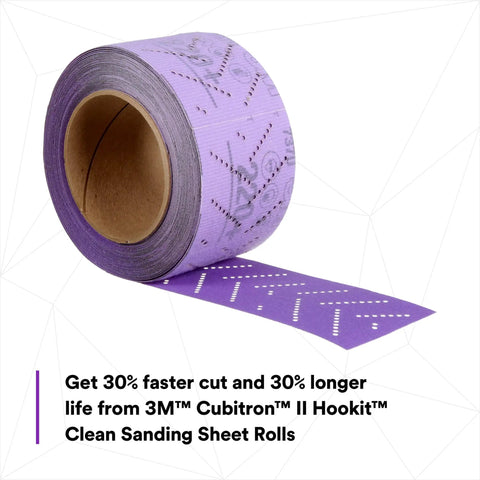 Purple Cubitron II Hookit Multi Hole Abrasive Sheet Roll 70 mm Wide 8 M Long 40 Plus Grit Sandpaper Unrolled