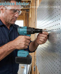 Badass Heavy Duty Cordless Pop Rivet Gun Workhorse With Smooth Pulling Action And Bright Led Light in use on a metal panel.