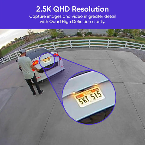 Floodlight Security Camera Pro With 2.5K HD Color Night Vision, 180 Degree Wide View, highlighting detailed license plate view