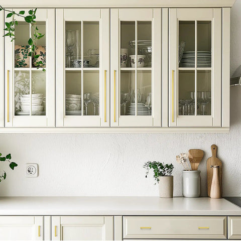 Six Pack Heavy Duty Gold Cabinet Handles Meeting Eighteen Inch Center Distance on a modern kitchen cabinet.